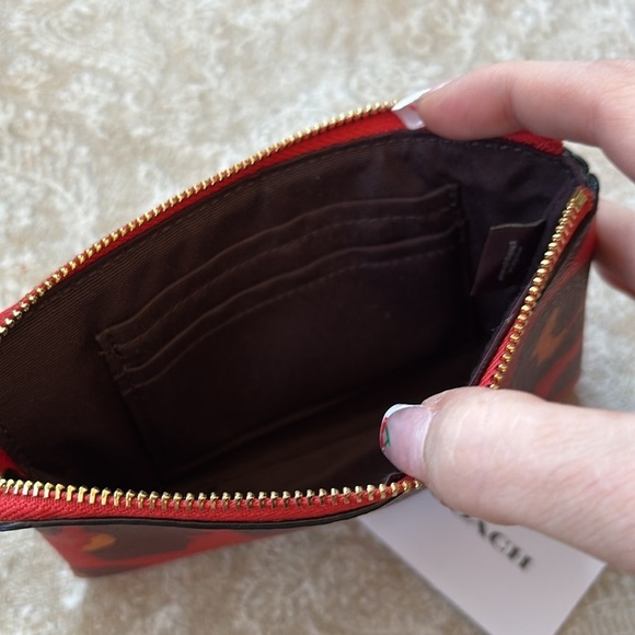Brand New Coach Genuine Leather Red Brown Animal Print Zippered Wristlet - Picture 13 of 15